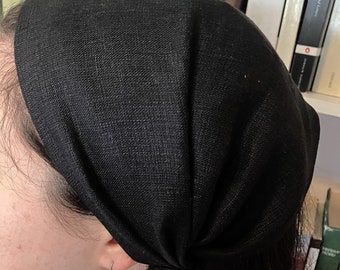 Slightly Flawed Large Black 100% Linen Head Covering Head Scarf with Ties cottagecore No-Slip Clip Comb Option