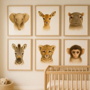 Juego de 6 impresiones de guardería de safari, impresión digital, impresión de guardería de jungla, impresión de animales de guardería, póster de animales de safari, decoración de guardería de safari.