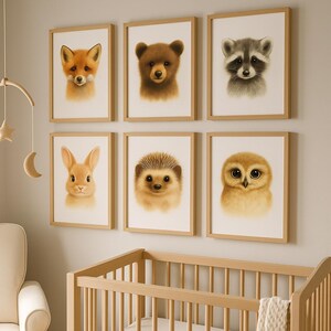 Juego de 6 impresiones de animales bebés del bosque para guardería, impresión digital, impresión de animales para guardería, póster de animales de safari, decoración de guardería de safari.
