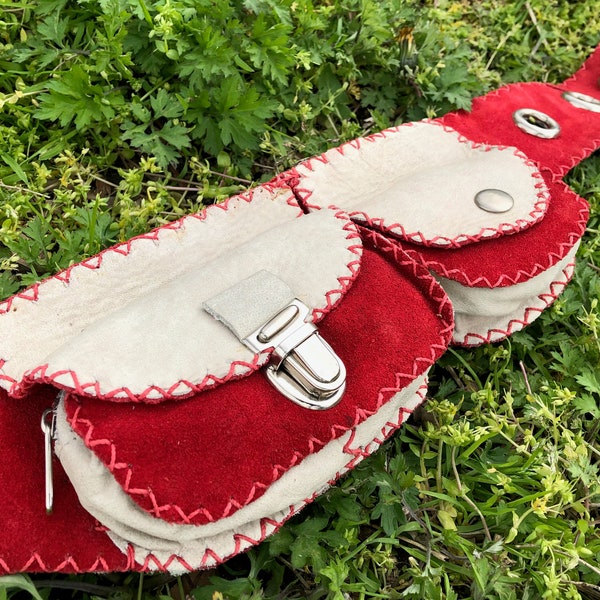 Triple Pouch Leather belt - Burning Man belt - Leather utility belt - Waist purse - Hip bag - Travel pouch belt - Red belt