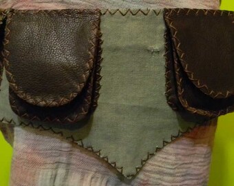 Klassieke V-riem – bruine leren riem van gerecycled groen canvas – heuptas – canvas buidelriem – Burning Man – militair