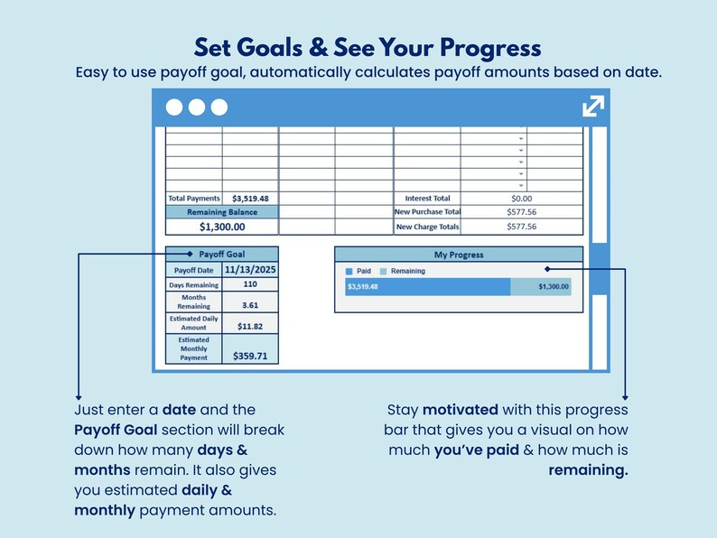 May include: A digital financial planning interface in blue and white. It features a payoff goal calculator, displaying remaining balance, payment amounts, and a progress bar to track progress.