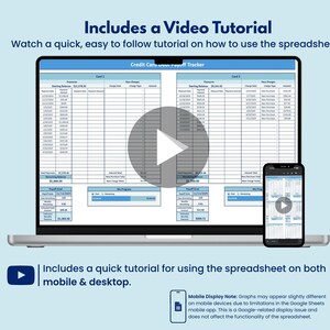 May include: A laptop and smartphone display a spreadsheet with financial data. The image includes the text "Includes a Video Tutorial" and "Includes a quick tutorial for using the spreadsheet on both mobile & desktop."
