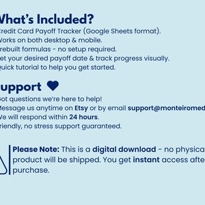 May include: A light blue graphic with white text detailing a credit card payoff tracker. The text includes information about the tracker's features, support, and a note about it being a digital download.