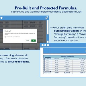 May include: A digital display shows a spreadsheet with financial data and a pop-up warning. The text reads "Pre-Built and Protected Formulas." The image highlights features like automatic updates and warnings to prevent accidental formula alterations.
