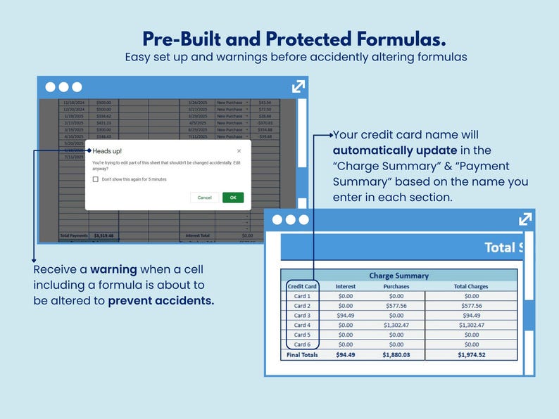 May include: A digital display shows a spreadsheet with financial data and a pop-up warning. The text reads "Pre-Built and Protected Formulas." The image highlights features like automatic updates and warnings to prevent accidental formula alterations.