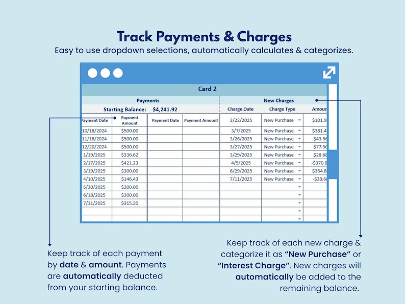 May include: A digital interface showing payment tracking details. The interface features a table with payment dates, amounts, and new charges. Text reads "Track Payments & Charges" and "Easy to use dropdown selections, automatically calculates & categorizes."
