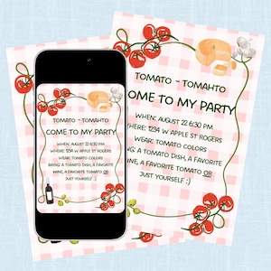 Invitación editable para fiesta de tomates: imprimible para fiesta de comida de verano. Descarga digital para eventos personalizados con temática de tomates.