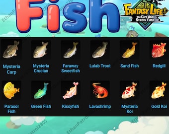 May include: A digital graphic featuring the word "Fish" in large, colorful letters, along with various fish illustrations and the "Fantasy Life" game logo. The image includes fish names like "Mysteria Carp" and "Gold Koi".