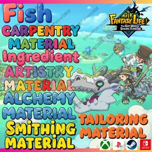 Könnte beinhalten: Ein farbenfrohes Grafikdesign, das "Fantasy Life: The Girl Who Steals Time" bewirbt, mit spielbezogenen Wörtern wie "Zimmerei Material" und "Alchemie Material". Das Bild zeigt einen Drachenkopf, Charaktere und Konsolenlogos.