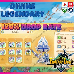 以下が含まれることがあります： 青色の「DIVINE LEGENDARY」という言葉が入ったデジタルゲームインターフェース。インターフェースにはパラディンキャラクター、ゲームの統計、そして「120% DROP RATE」というテキストが表示されています。ゲーム機のアイコンが右上隅にあります。ゲームのタイトルは「FANTASY LIFE」です。