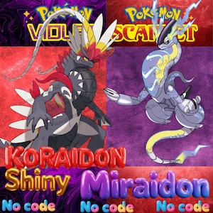 Peut inclure: Image divisée en deux parties avec les Pokémon Koraidon et Miraidon sur des fonds rouge et violet. Les textes "Pokémon Violet" et "Pokémon Scarlet" sont en haut. En bas, les mots "Koraidon Shiny" et "Miraidon" sont affichés.