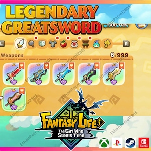 Puede incluir: Una captura de pantalla de un videojuego con el texto "LEGENDARY GREATSWORD". Muestra iconos de armas y el título del juego, "FANTASY LIFE: The Girl Who Steals Time". El logotipo del juego está en la parte inferior.