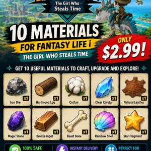 May include: A digital promotional graphic for Fantasy Life i: The Girl Who Steals Time on Nintendo Switch, featuring ten game materials including iron ore, hardwood log, cotton, clear crystal, natural leather, magic stone, bronze ingot, beast bone, rainbow shell, and a star fragment.