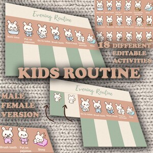 Può includere: Un grafico della routine per bambini con il tema "Routine serale". Il grafico presenta illustrazioni di coniglietti che svolgono varie attività, come lavarsi i denti e leggere. Il testo "KIDS ROUTINE" è ben visibile, insieme a "18 DIFFERENT EDITABLE ACTIVITIES".