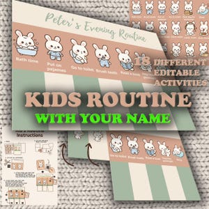 Può includere: Un grafico delle routine per bambini con il testo "Peter's Evening Routine" e "Kids Routine With Your Name". Il grafico presenta illustrazioni di coniglietti che svolgono varie attività, come l'ora del bagno, lavarsi i denti e leggere.