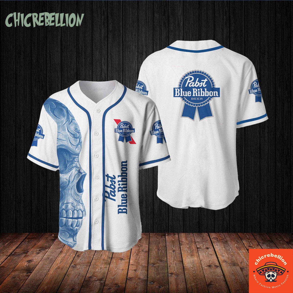 Vintage White Skull Pabst Blue Ribbon Baseball Jersey, Pabst Jersey