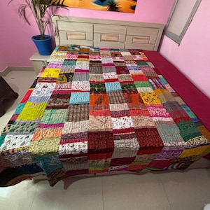 Quilt Cotton Patchwork, Vibrant Patchwork Quilt, Colorful Quilt, Red Yellow Green Pink Blue Purple Quilt, Grid-Like Patchwork, Quilt Cotton