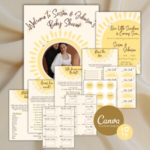 10-delige Sunshine-babyshowerbundel (digitale canvassjablonen): poster, uitnodigingen, gezelschapsspelletjes, naamsuggestiekaarten, plaatskaarten en stickers