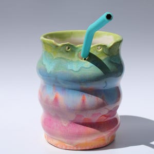 Bubble shaped ceramic patio cup/ rainbow sip / straw cup celebrating God&#39;s faithfulness.