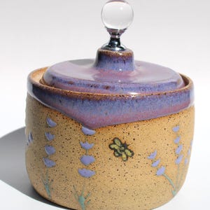 Hand-Painted Ceramic Jar with Glass Knob Lid – Lavender Bees, Amethyst Glaze