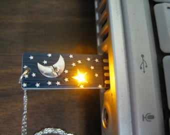 Moon and Stars USB Circuit Board with Silver Necklace (Blue) - Lights up