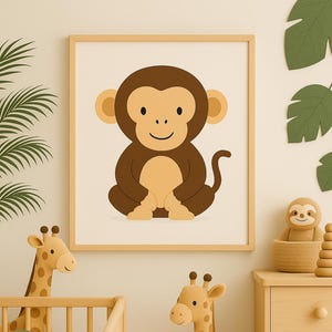 Cute Monkey Nursery Wall Art - Jungle Safari Animal Print - Playful Baby Room Decor - Minimalist Digital Download
