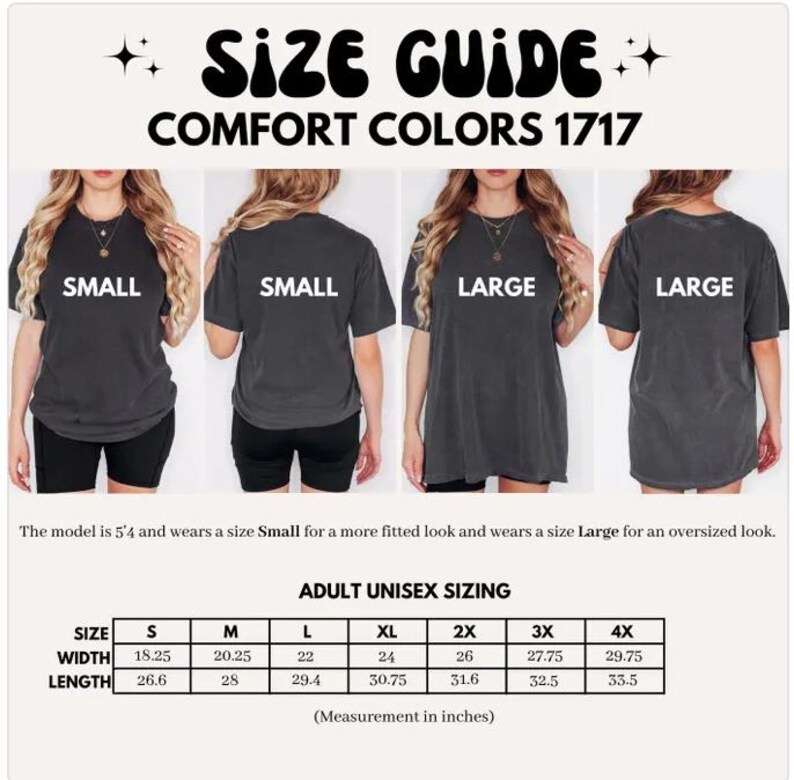 The image is a size guide for a collection of t-shirts, showing different sizes for the model.