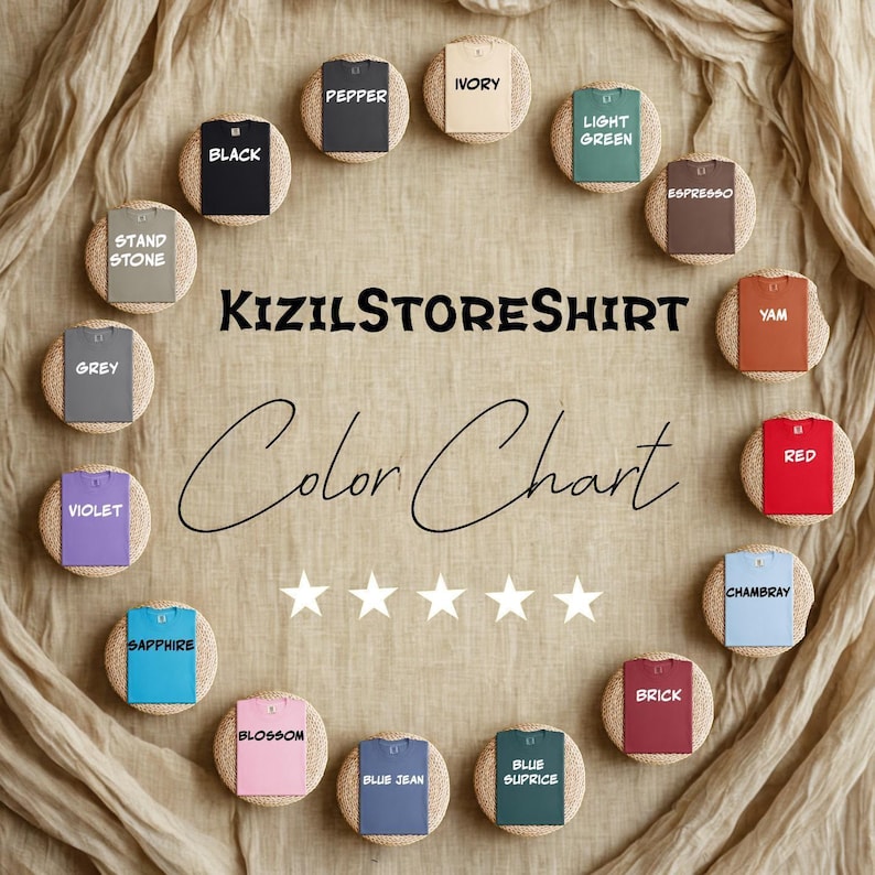 The image is a color chart featuring various fabric colors arranged in a circular pattern, with each color represented by a small circular object.