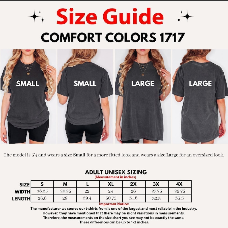 The image is a size guide for a t-shirt, showing the different sizes available for the model.