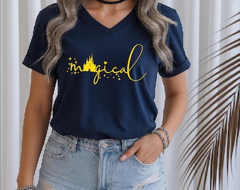 Magical Disney Castle V-Neck Design, Sparkle Theme, Custom Design for Apparel