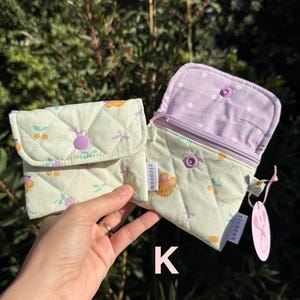 Quilted Zipper Wallet: Handmade Fabric Mini Pouch with Keychain K - Purple bear