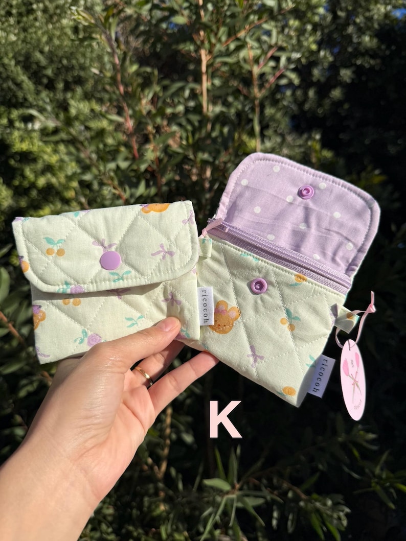 Quilted Zipper Wallet: Handmade Fabric Mini Pouch with Keychain K - Purple bear