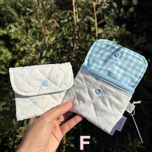 Quilted Zipper Wallet: Handmade Fabric Mini Pouch with Keychain F - Blue dream