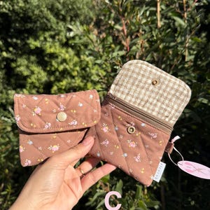 Quilted Zipper Wallet: Handmade Fabric Mini Pouch with Keychain C - Brown rose
