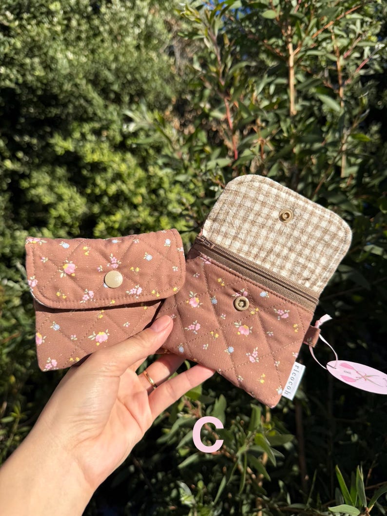 Quilted Zipper Wallet: Handmade Fabric Mini Pouch with Keychain C - Brown rose