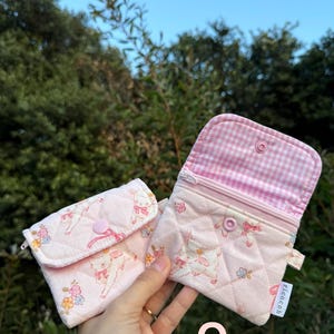 Quilted Zipper Wallet: Handmade Fabric Mini Pouch with Keychain O - Pink sheep