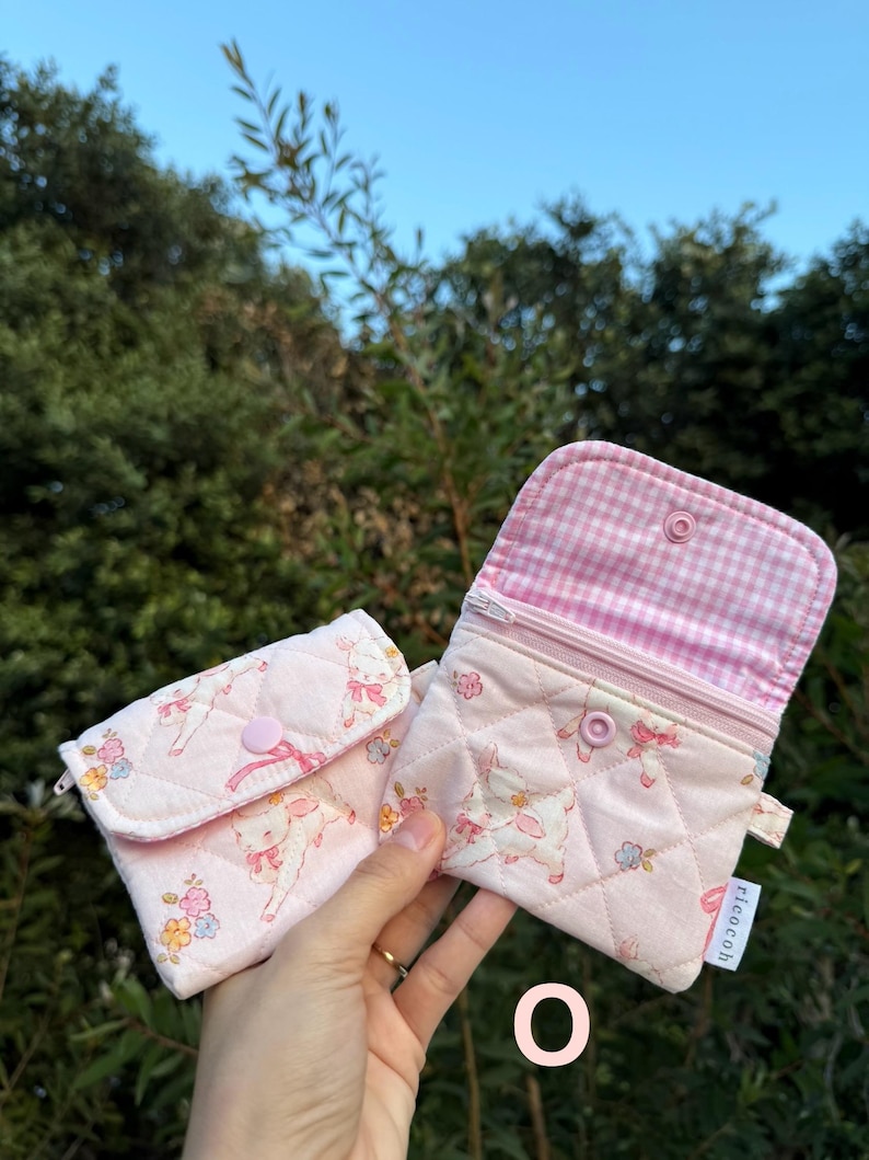 Quilted Zipper Wallet: Handmade Fabric Mini Pouch with Keychain O - Pink sheep