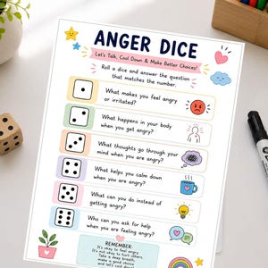 May include: A white educational worksheet titled Anger Dice with colorful pastel boxes, each featuring a die face from one to six and a corresponding question about managing anger, accompanied by small icons like a heart, cloud, and lightbulb.