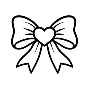 May include: A black and white illustration of a bow with a heart in the center. The bow has multiple loops and tails, with a heart shape in the middle. The design is simple and elegant, suitable for various craft projects.
