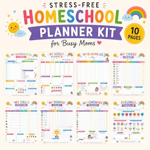 May include: A 10-page printable homeschool planner kit featuring colorful, illustrated templates including a weekly planner, reading log, chore chart, daily routine, reward chart, homework tracker, and feelings check-in with rainbow and sun motifs.