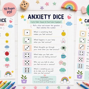 Peut inclure: Trois pages PDF imprimables intitulées "Dés Émotions", "Dés Anxiété" et "Calme-toi". Chaque page présente des illustrations colorées, des invites et des dés pour des activités interactives de régulation émotionnelle. Comprend des crayons et un arc-en-ciel.