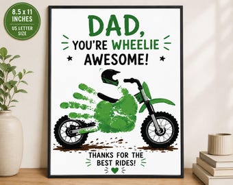 Utskrivbart handavtryck till fars dag, present till pappa med dirt bike, pyssel med motocross-motiv för barn