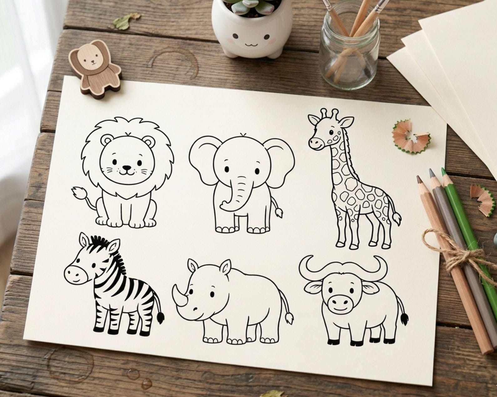 Safari Animals Coloring Page Bundle | Lion Elephant Giraffe Zebra Rhino ...
