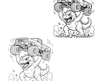 Monster truck con dinosauro che solleva SVG PNG, clipart di camion dinosauro stampabile per Cricut Kids