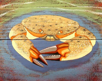 May include: A painting of a crab on a wooden background. The crab is painted in shades of yellow, orange, and brown, with black eyes. The background is painted in shades of blue, green, and brown, with a white wave pattern.