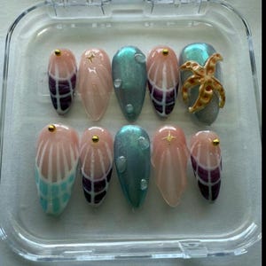 Beach Press on Nails with 3D Shells and Starfish, Handmade and Durable Gel Nails for Beach, Ocean, Vibes