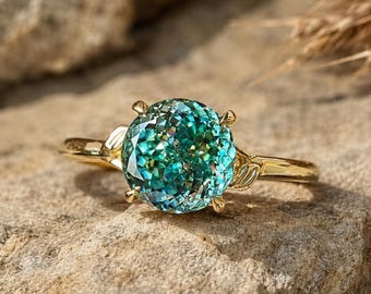 Anillo de moissanita de corte portugués azul cian, anillo de compromiso solitario redondo, anillo de promesa único en oro de 14 quilates, joyería fina hecha a mano.