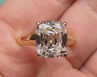 Anillo de compromiso de moissanita talla cojín Old Mine, anillo solitario de talla cojín alargado, anillo de boda de oro, anillo de novia de estilo vintage