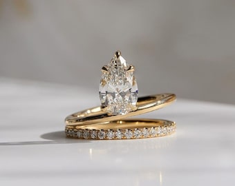 Conjunto de anillos de moissanita en forma de pera alargada, anillo de compromiso solitario con banda pavé, conjunto de anillos de boda de oro, anillo nupcial minimalista, regalo para ella.